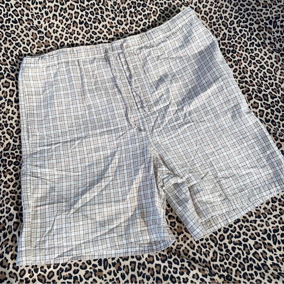 Vintage Shorts Large Linen Blend Plaid Drawstring Adjustable Waist Tan Pockets - Picture 4 of 6
